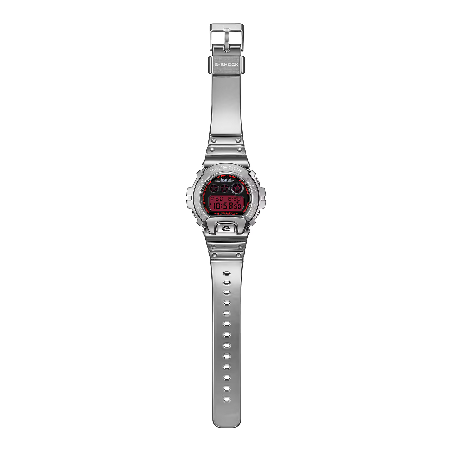 G-SHOCK GM6900YRA-8 digital watch with stainless steel metal bezel, gray finish, silicone resin band, and 200m water resistance.