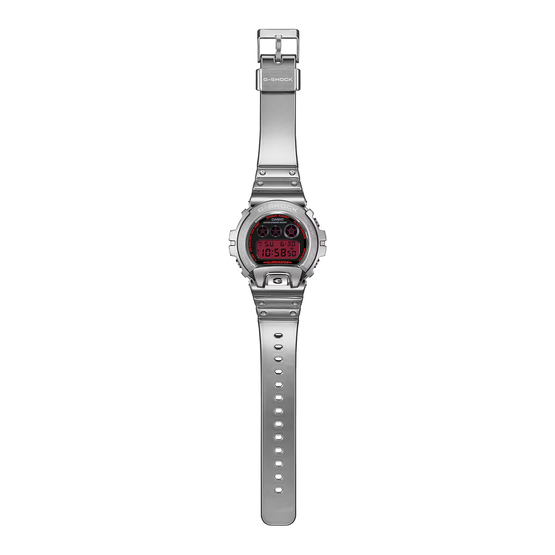 G-SHOCK GM6900YRA-8 digital watch with stainless steel metal bezel, gray finish, silicone resin band, and 200m water resistance.