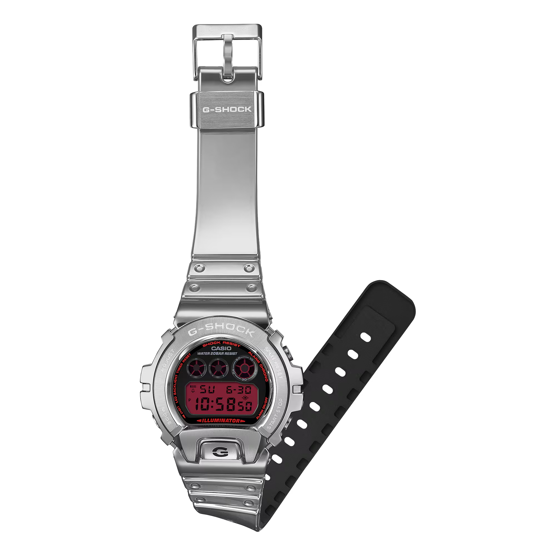 G-SHOCK GM6900YRA-8 digital watch with stainless steel metal bezel, gray finish, silicone resin band, and 200m water resistance.