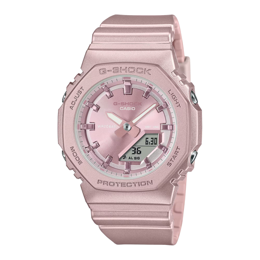 Casio G-SHOCK GMAP2100ST-4A – slim metallic-pink bio-based resin watch with pearlescent polarized finish, octagonal bezel, analog-digital display, and 200m water resistance.