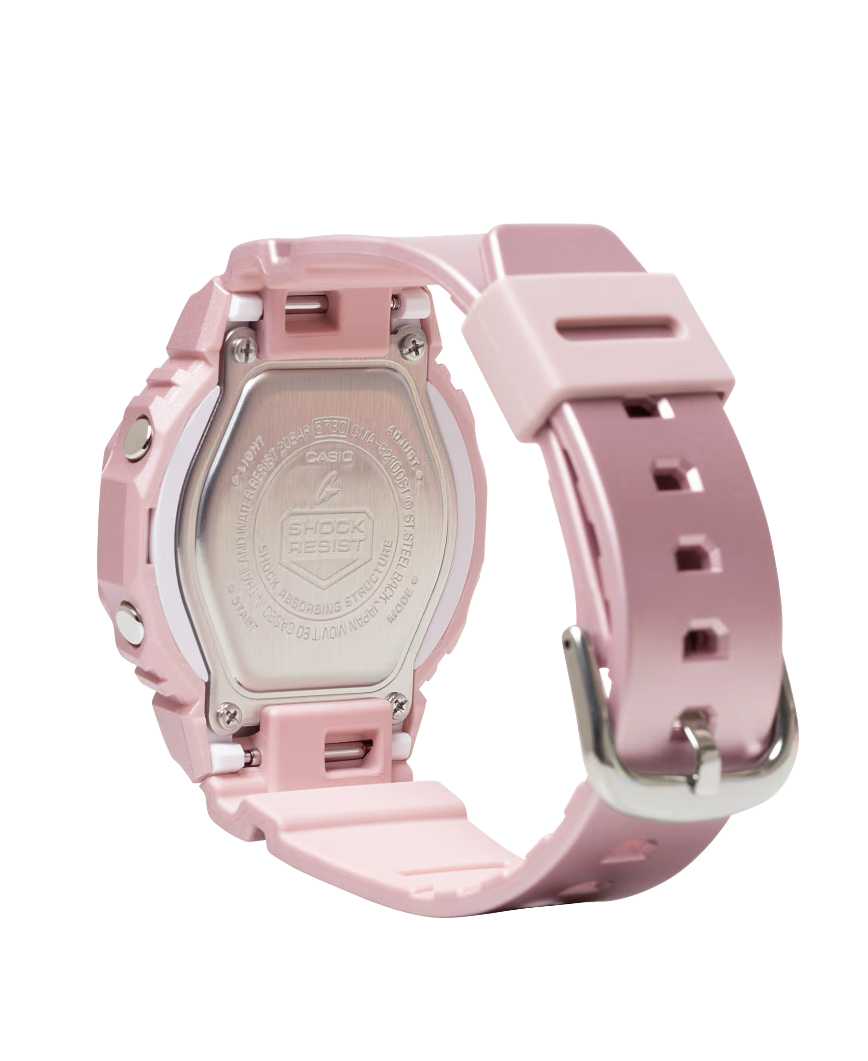 Pink digital watch with a clear back on a white background