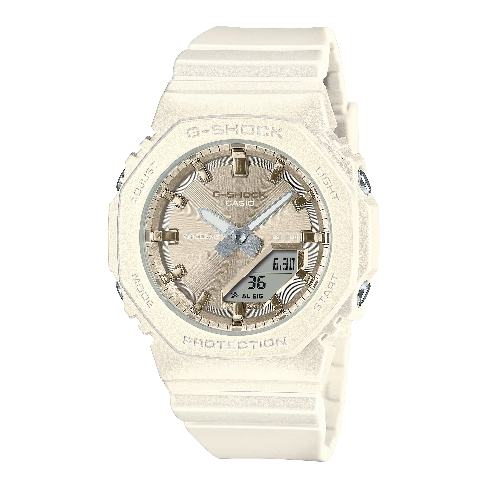 Casio G-SHOCK GMAP2100ST-7A – slim octagonal bio-based resin watch with pearlescent matte finish, metallic dial accents, analog-digital display, and 200m water resistance.