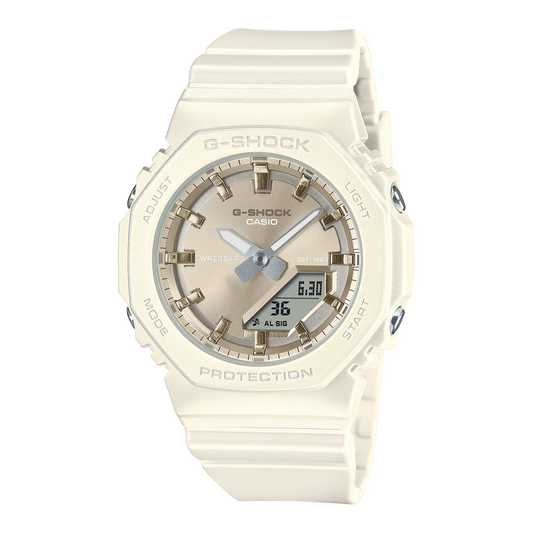 Casio G-SHOCK GMAP2100ST-7A – slim octagonal bio-based resin watch with pearlescent matte finish, metallic dial accents, analog-digital display, and 200m water resistance.