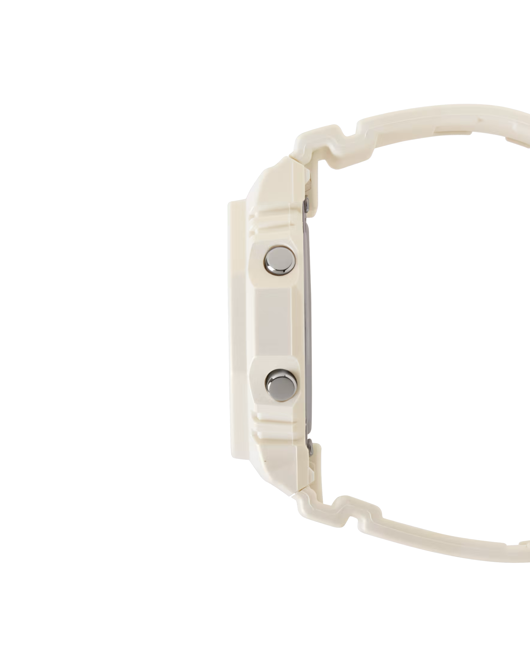 Close-up of a white watch band with metal clasps on a white background