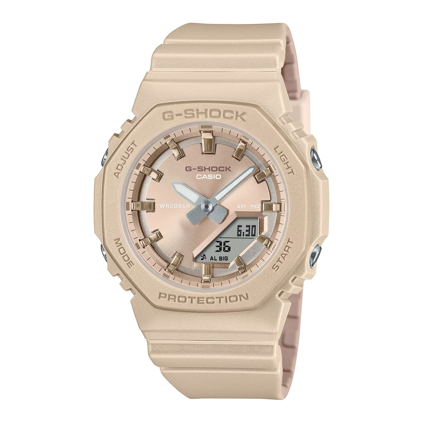 Casio G-SHOCK GMAP2100ST-8A – slim pearlescent gray bio-based resin watch with octagonal bezel, analog-digital display, and 200m water resistance.