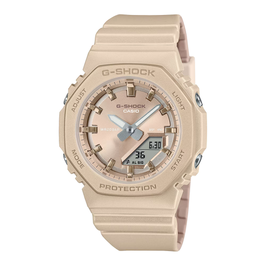 Casio G-SHOCK GMAP2100ST-8A – slim pearlescent gray bio-based resin watch with octagonal bezel, analog-digital display, and 200m water resistance.