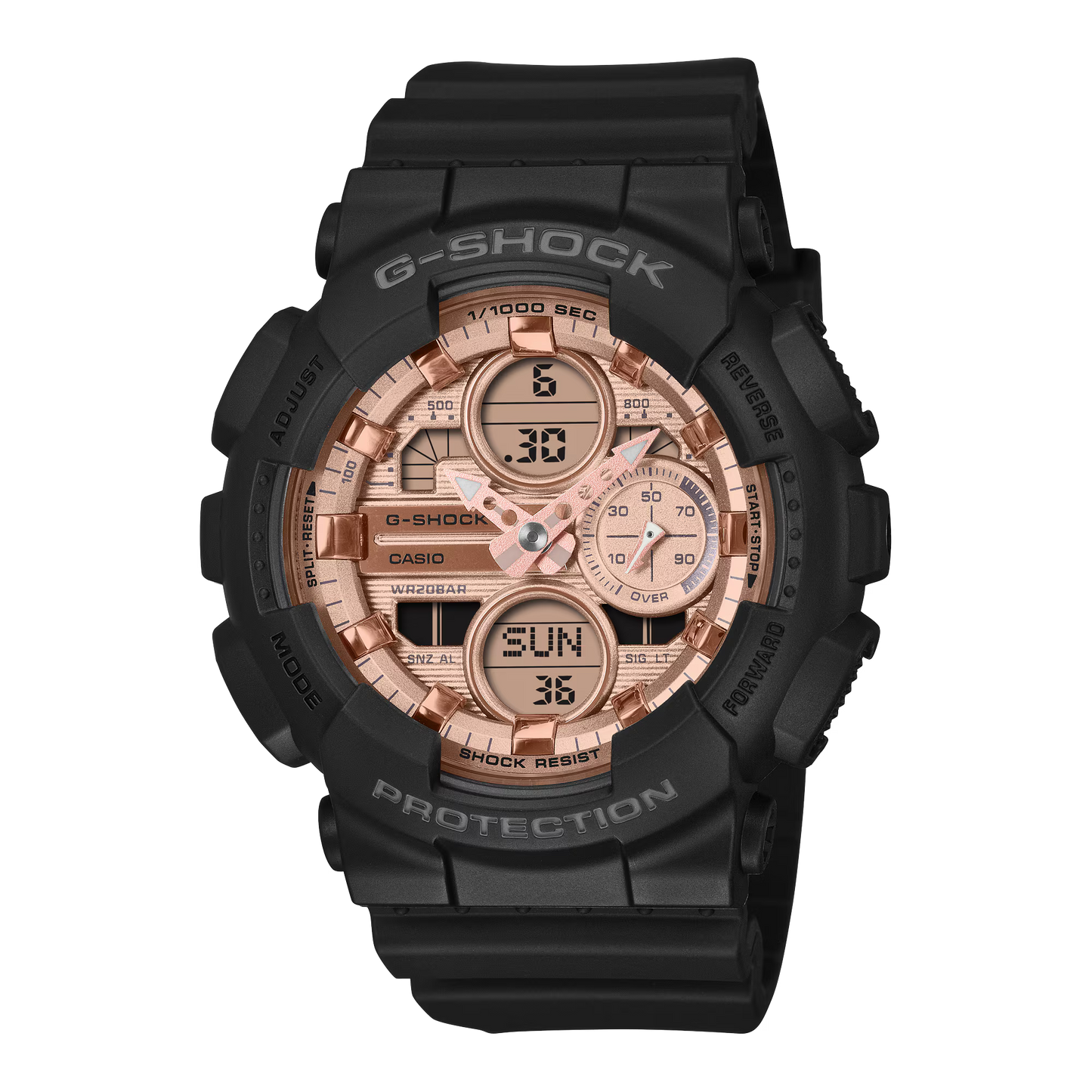 G-SHOCK GMAS140PG-1A women’s analog-digital watch with black bio-based resin case and band, metallic dial, shock-resistant construction, and 200m water resistance.
