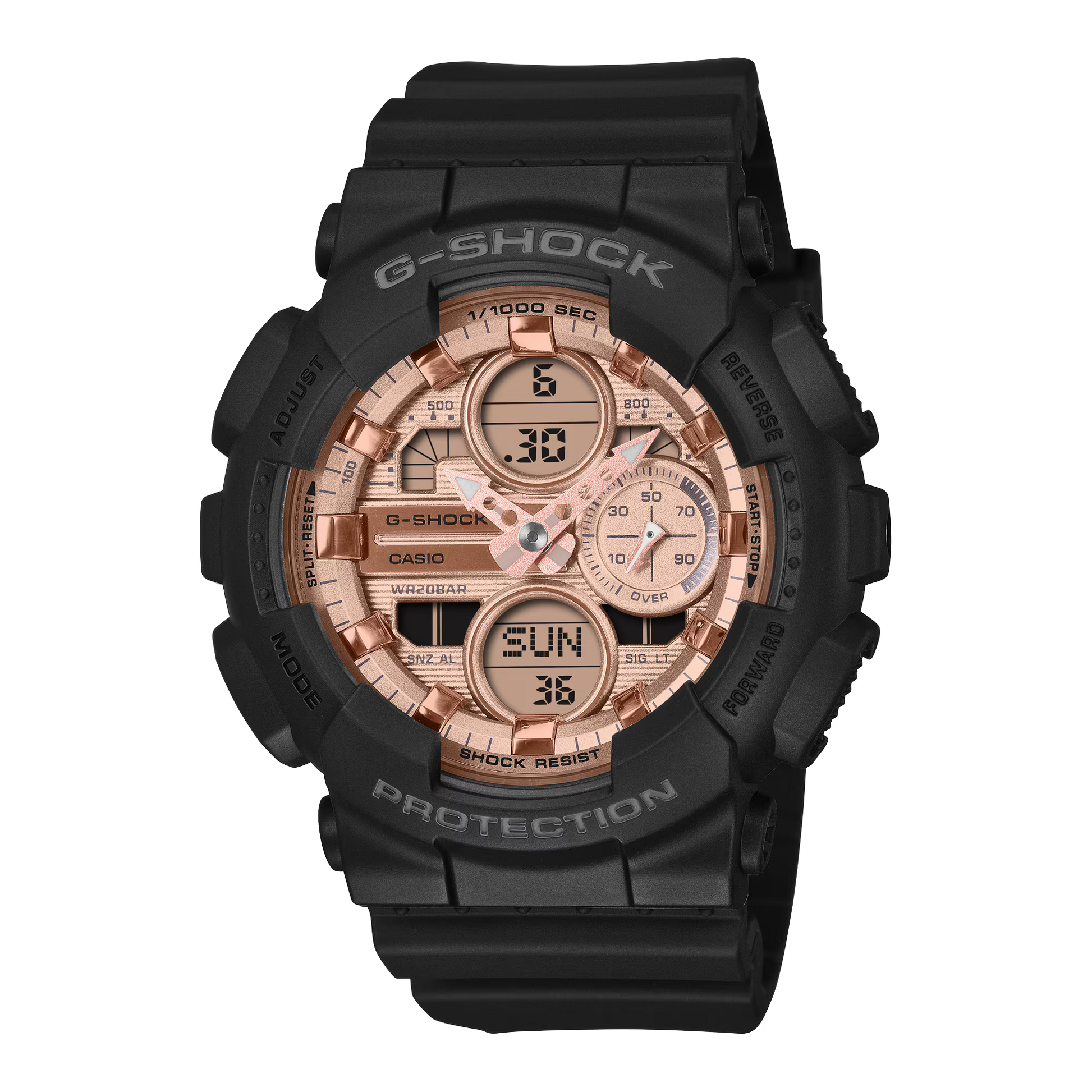 G-SHOCK GMAS140PG-1A women’s analog-digital watch with black bio-based resin case and band, metallic dial, shock-resistant construction, and 200m water resistance.