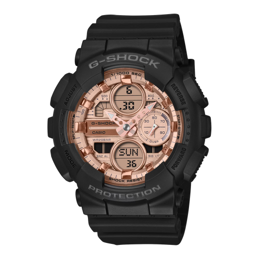 G-SHOCK GMAS140PG-1A women’s analog-digital watch with black bio-based resin case and band, metallic dial, shock-resistant construction, and 200m water resistance.