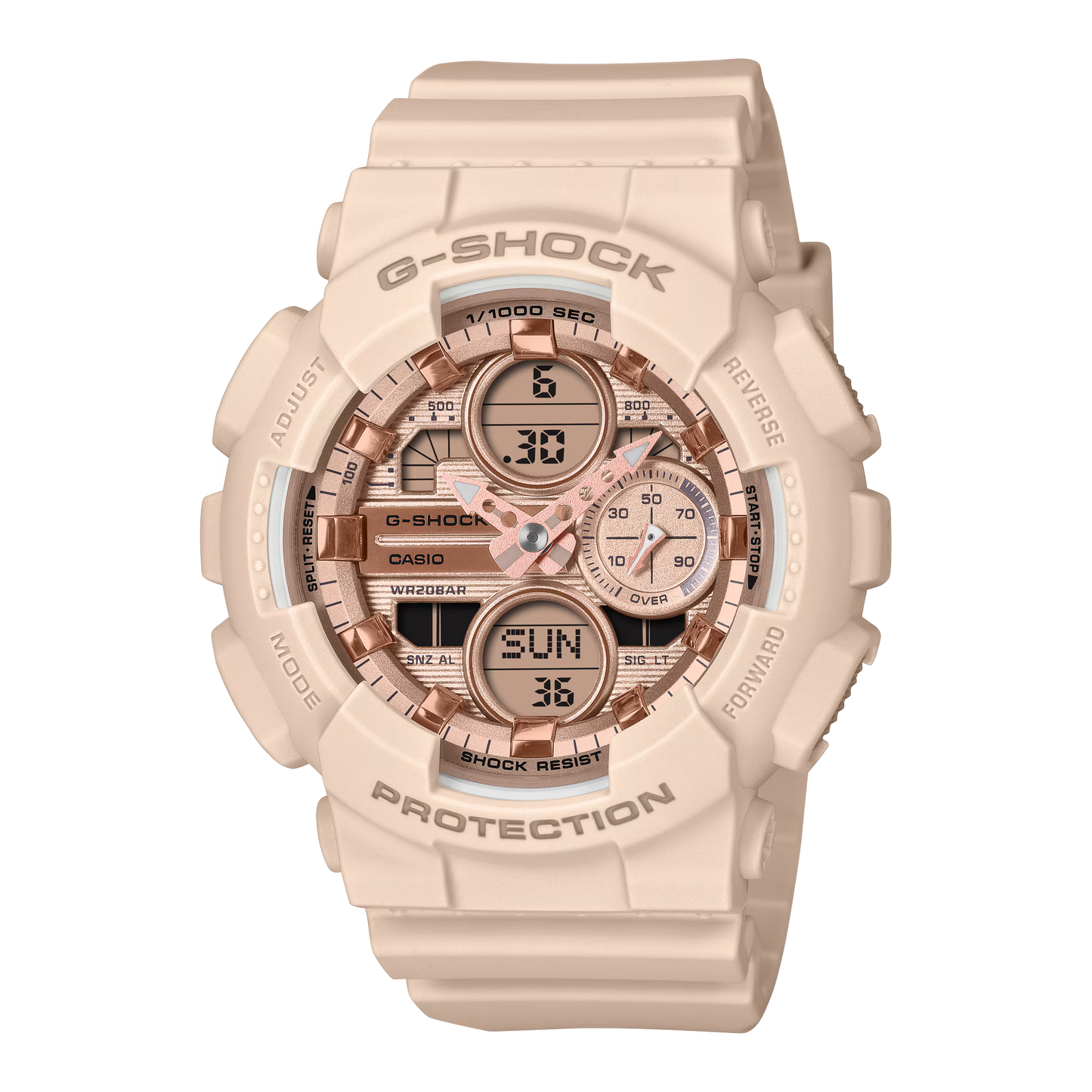 G-SHOCK GMAS140PG-4A women’s analog-digital watch with pink-toned metallic dial, bio-based resin case and band, shock-resistant construction, and 200m water resistance.