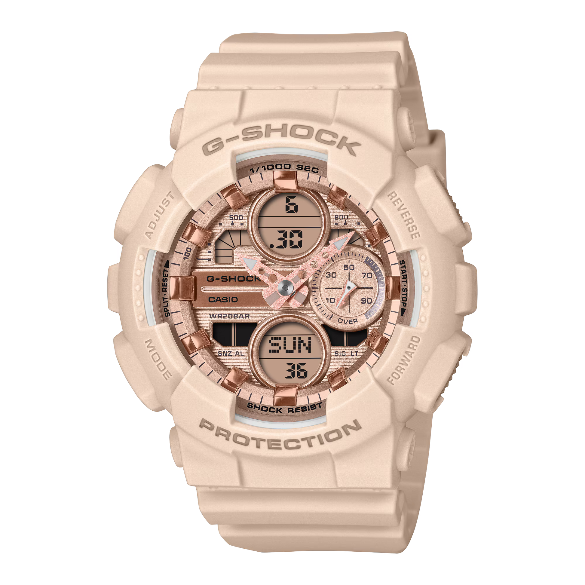 G-SHOCK GMAS140PG-4A women’s analog-digital watch with pink-toned metallic dial, bio-based resin case and band, shock-resistant construction, and 200m water resistance.