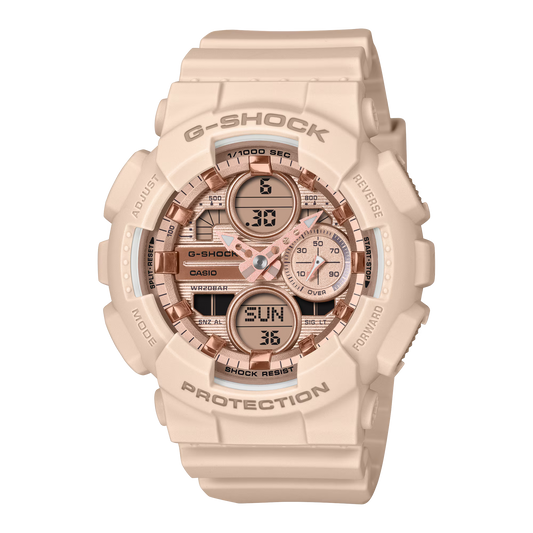 G-SHOCK GMAS140PG-4A women’s analog-digital watch with pink-toned metallic dial, bio-based resin case and band, shock-resistant construction, and 200m water resistance.