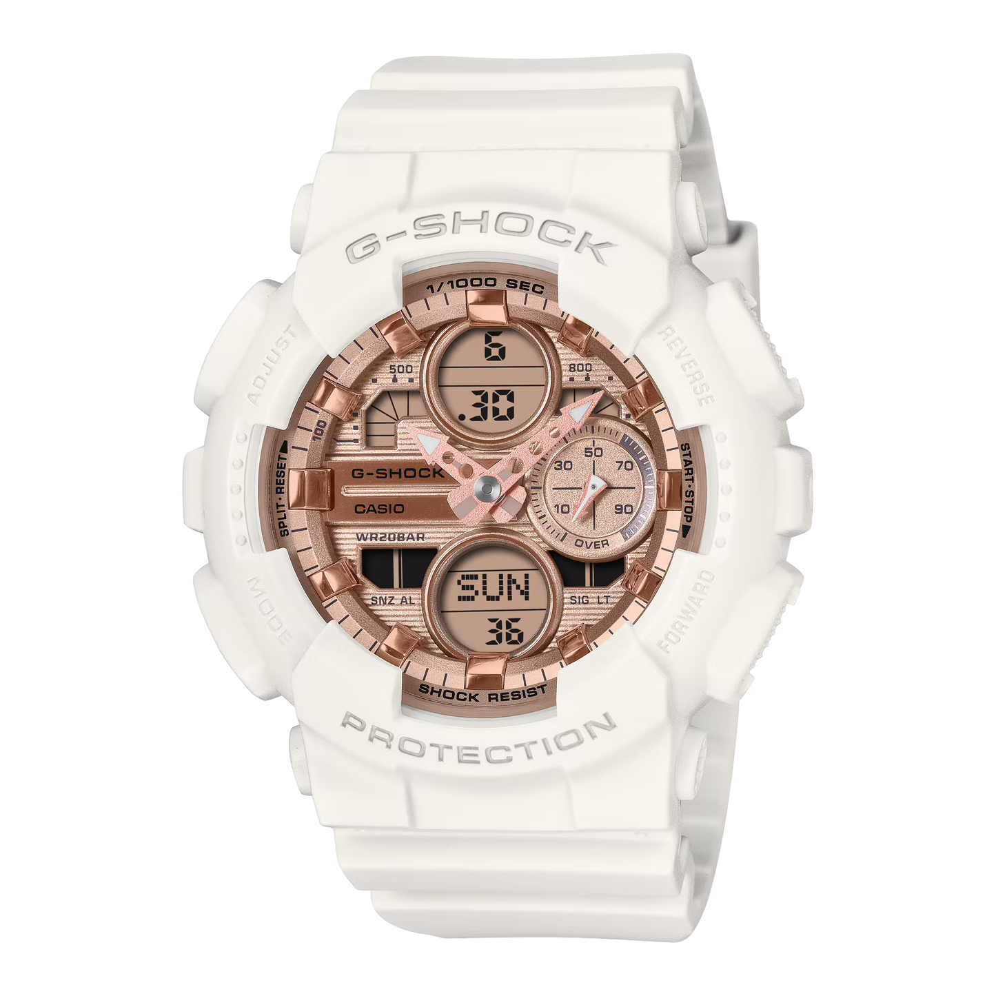 G-SHOCK GMAS140PG-7A women’s analog-digital watch with white resin case and band, shock-resistant design, LED display, and 200m water resistance.