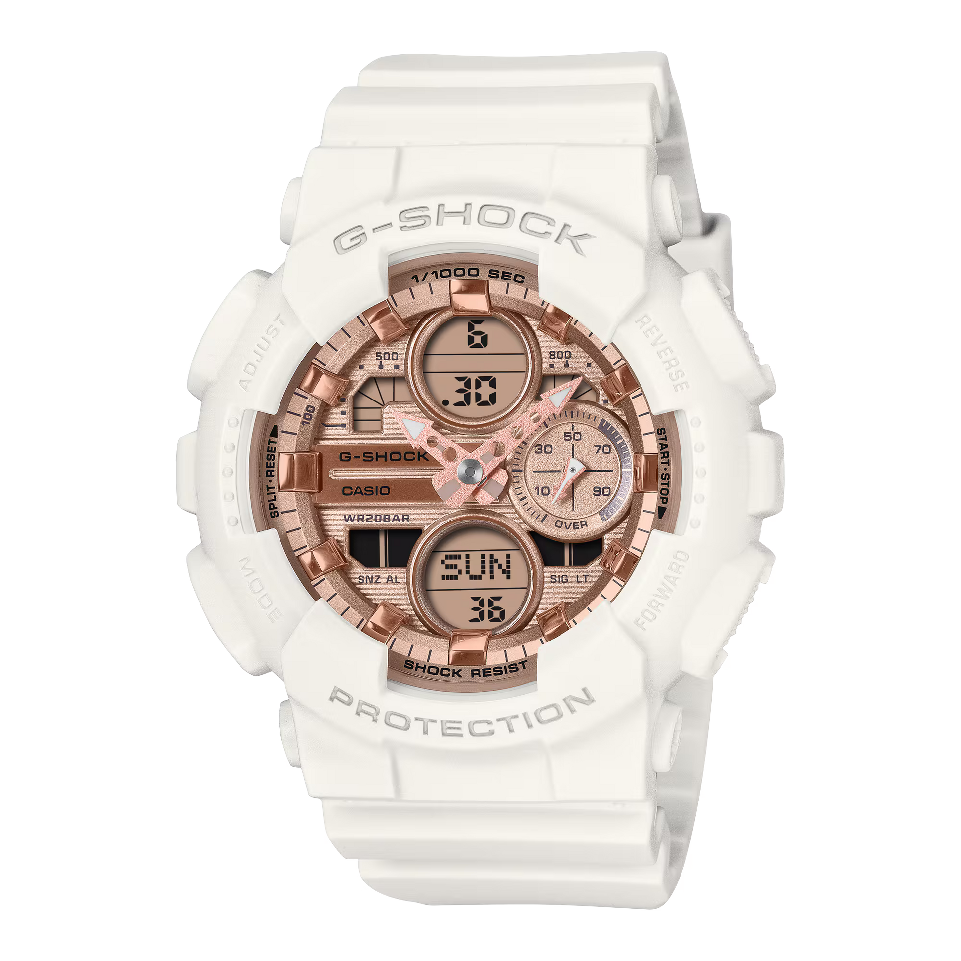G-SHOCK GMAS140PG-7A women’s analog-digital watch with white resin case and band, shock-resistant design, LED display, and 200m water resistance.
