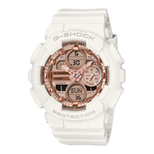 G-SHOCK GMAS140PG-7A women’s analog-digital watch with white resin case and band, shock-resistant design, LED display, and 200m water resistance.
