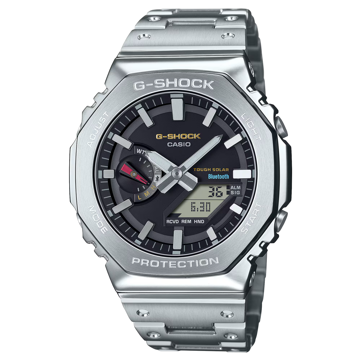 Casio G-SHOCK GMB2100SD-1C Full Metal 2100 Series – stainless steel octagonal case and bracelet, DW5000C-inspired red, blue, and yellow dial accents, Bluetooth® connectivity, Tough Solar power, and 200m water resistance.