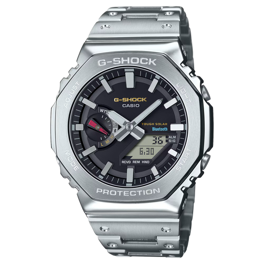 Casio G-SHOCK GMB2100SD-1C Full Metal 2100 Series – stainless steel octagonal case and bracelet, DW5000C-inspired red, blue, and yellow dial accents, Bluetooth® connectivity, Tough Solar power, and 200m water resistance.