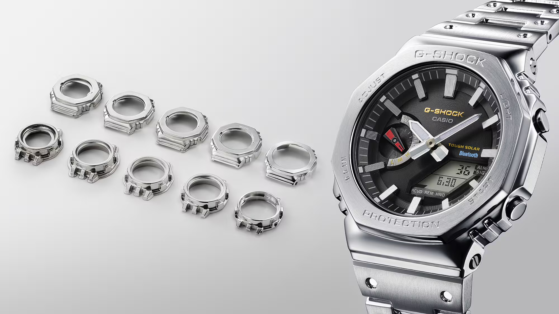 G-Shock watch with interchangeable bezels on a light gray background