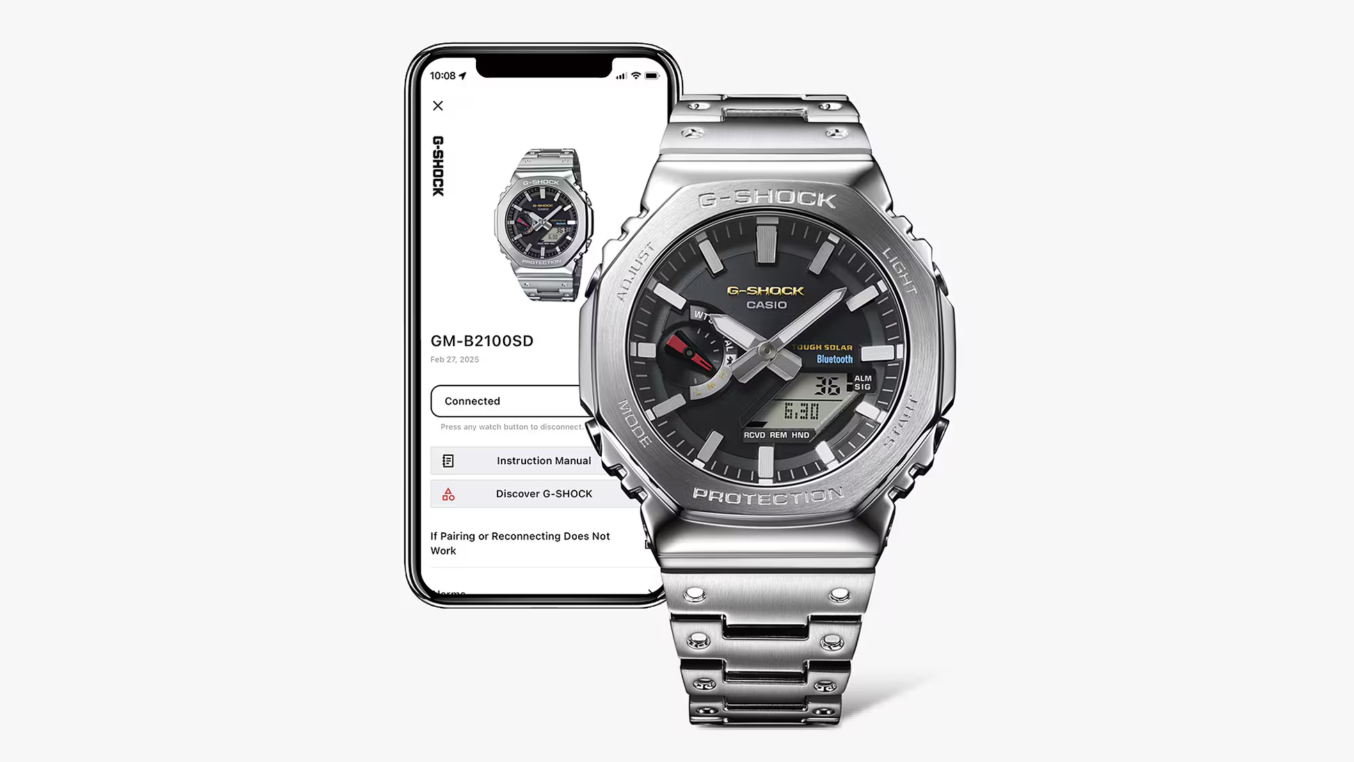 Silver Casio G-Shock watch next to a smartphone displaying the watch's app interface.