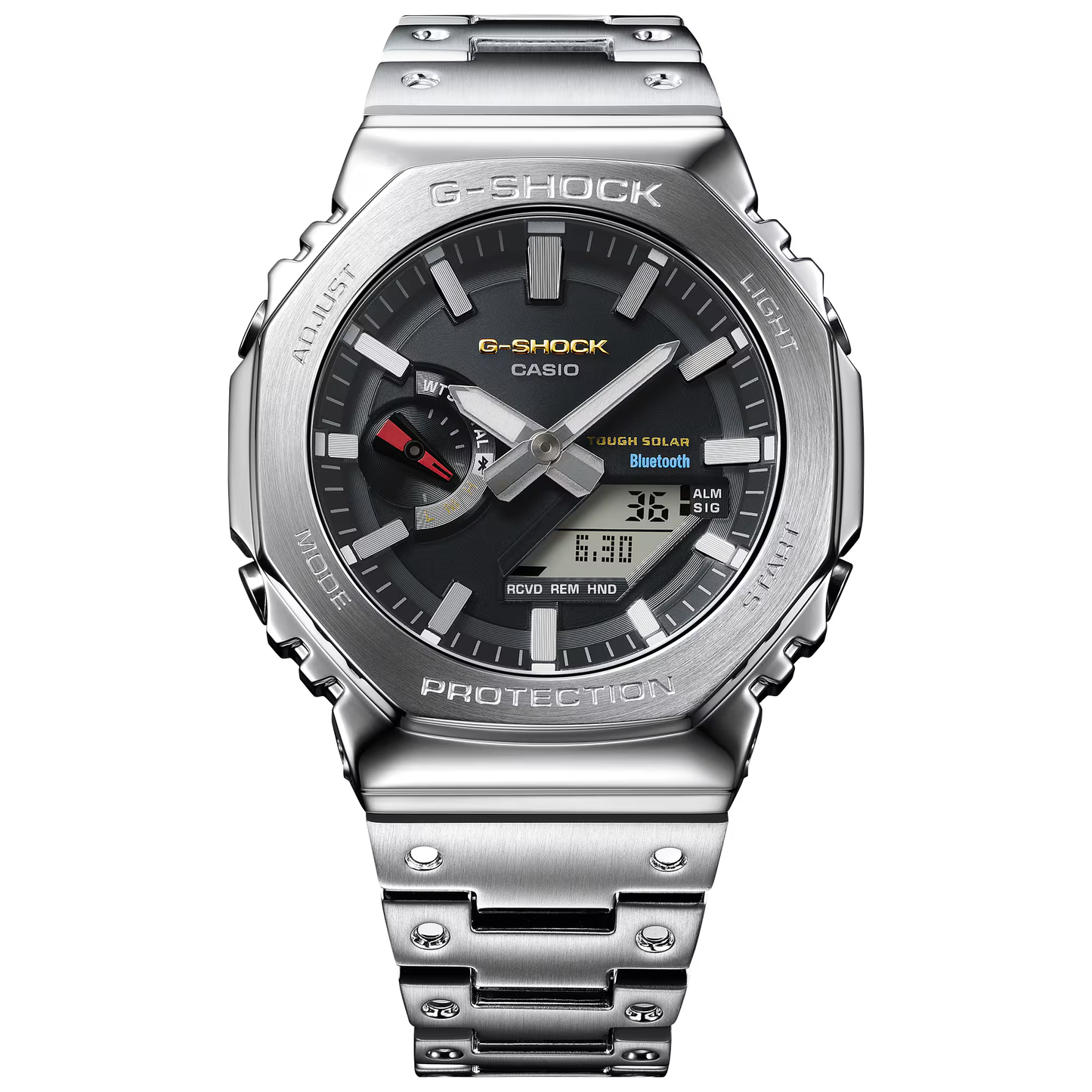 Silver G-Shock Casio watch on a white background