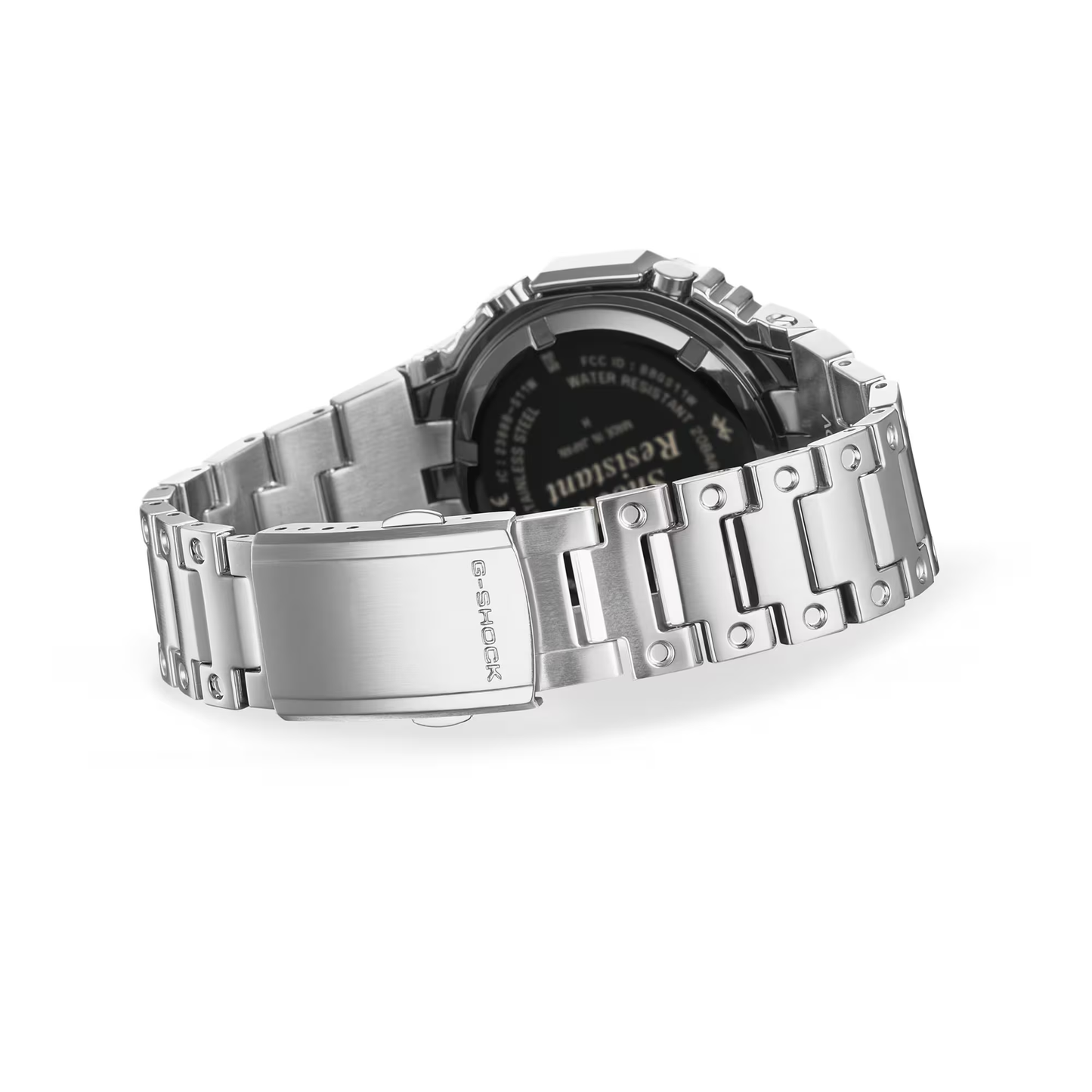 Silver Casio watch with metal band on a white background