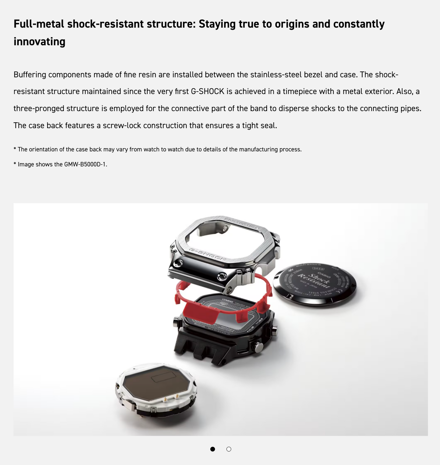 Technical description of G-SHOCK watch structure with close-up of components on a light gray background.