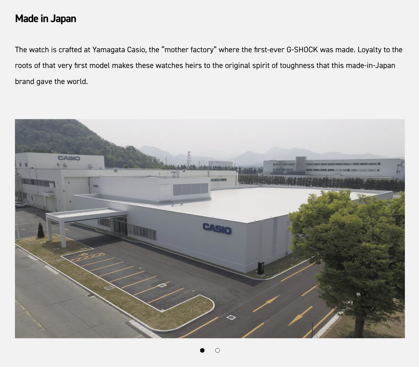 Casio factory building with 'Made in Japan' text and Casio branding.
