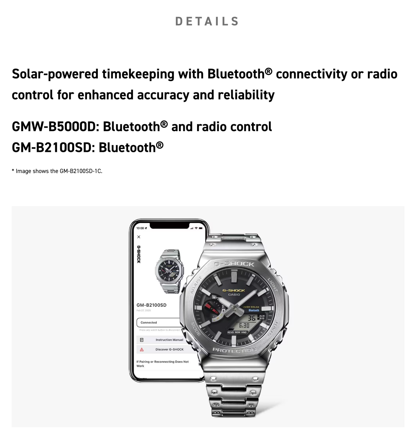G-SHOCK watch with smartphone app interface on a white background