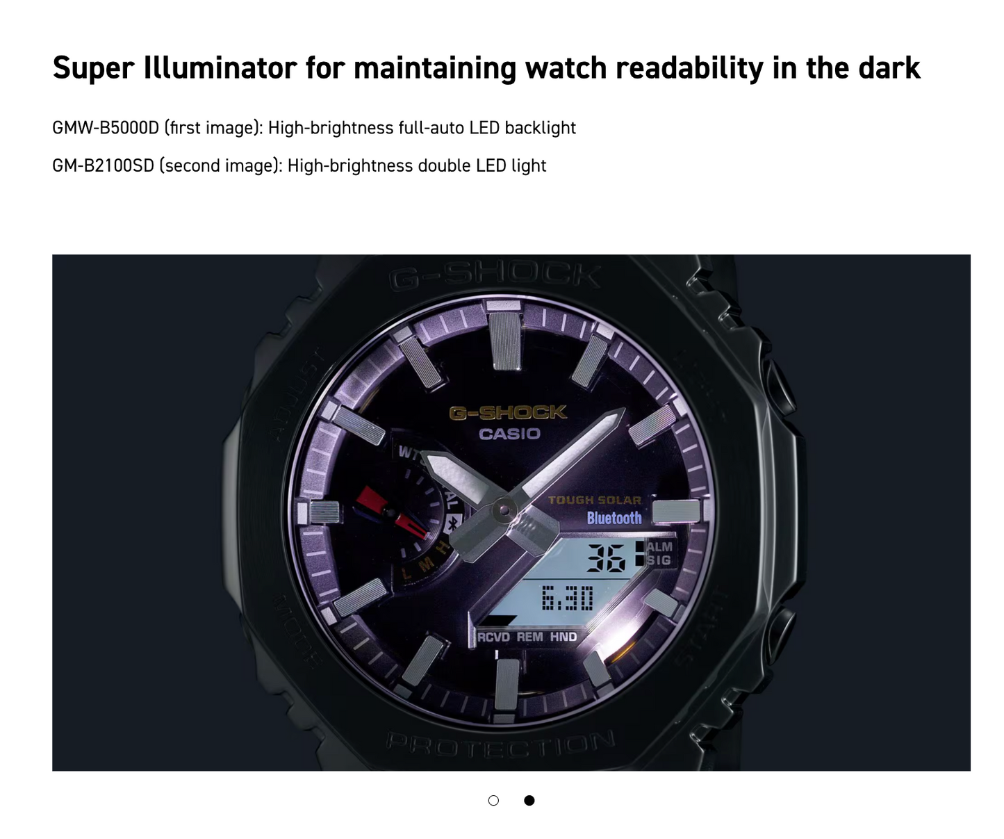 Casio G-Shock watch with high-brightness full-auto LED backlight on a black background