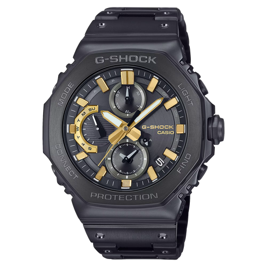 Casio G-SHOCK GMCB2100ZE1A 50th Anniversary full-metal black ion-plated watch with gold accent and binary code dial, limited edition released April 2025