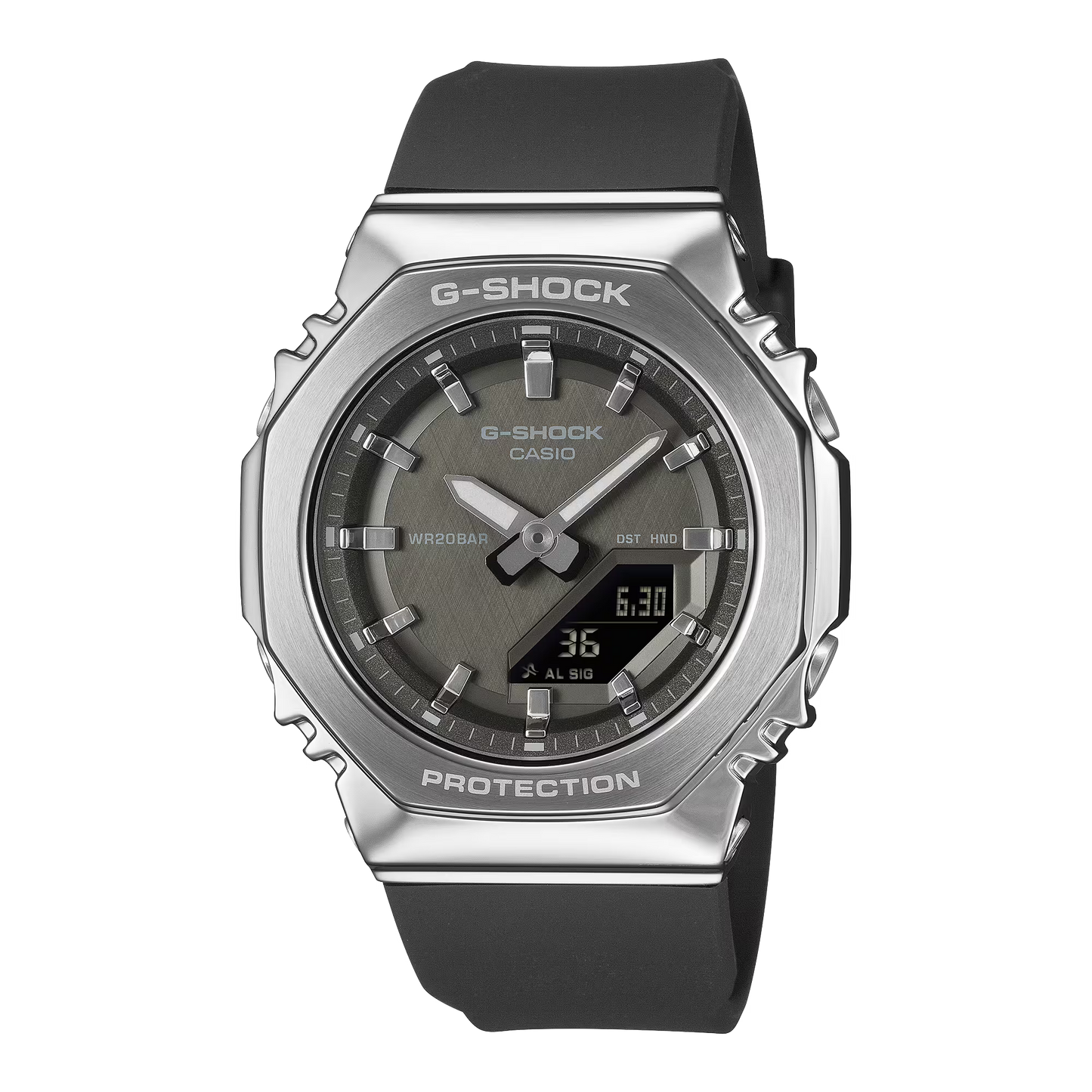 Casio G-SHOCK GMS2110-1A1 women’s analog-digital watch with a compact octagonal 2100 series design, stainless steel bezel, black textured dial, bio-based resin band, and refined yet durable G-SHOCK styling