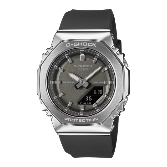 Casio G-SHOCK GMS2110-1A1 women’s analog-digital watch with a compact octagonal 2100 series design, stainless steel bezel, black textured dial, bio-based resin band, and refined yet durable G-SHOCK styling