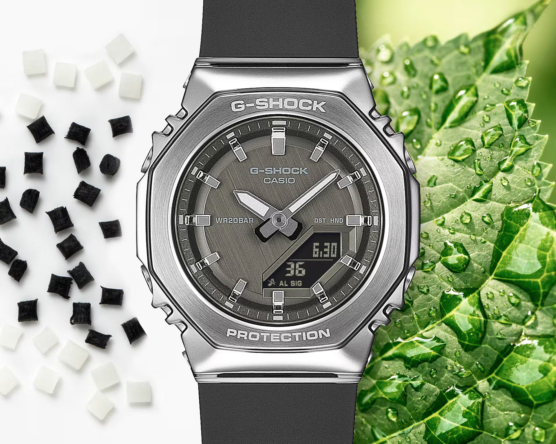 G-Shock Casio watch with black strap on a white background with black and white squares, and green leafy vegetables.