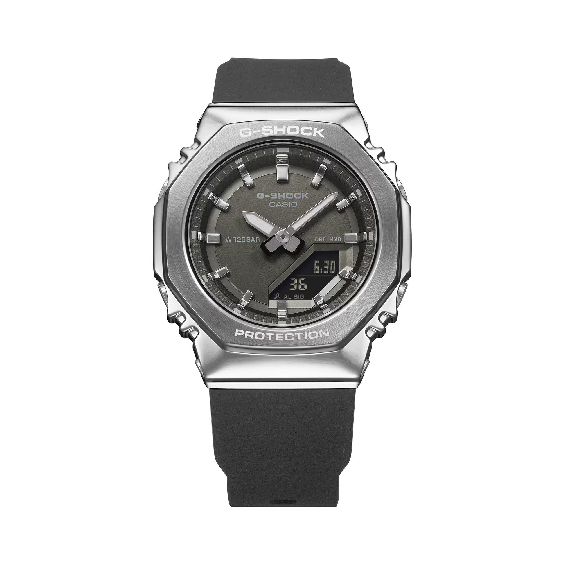 G-Shock watch with black strap and silver case on a white background
