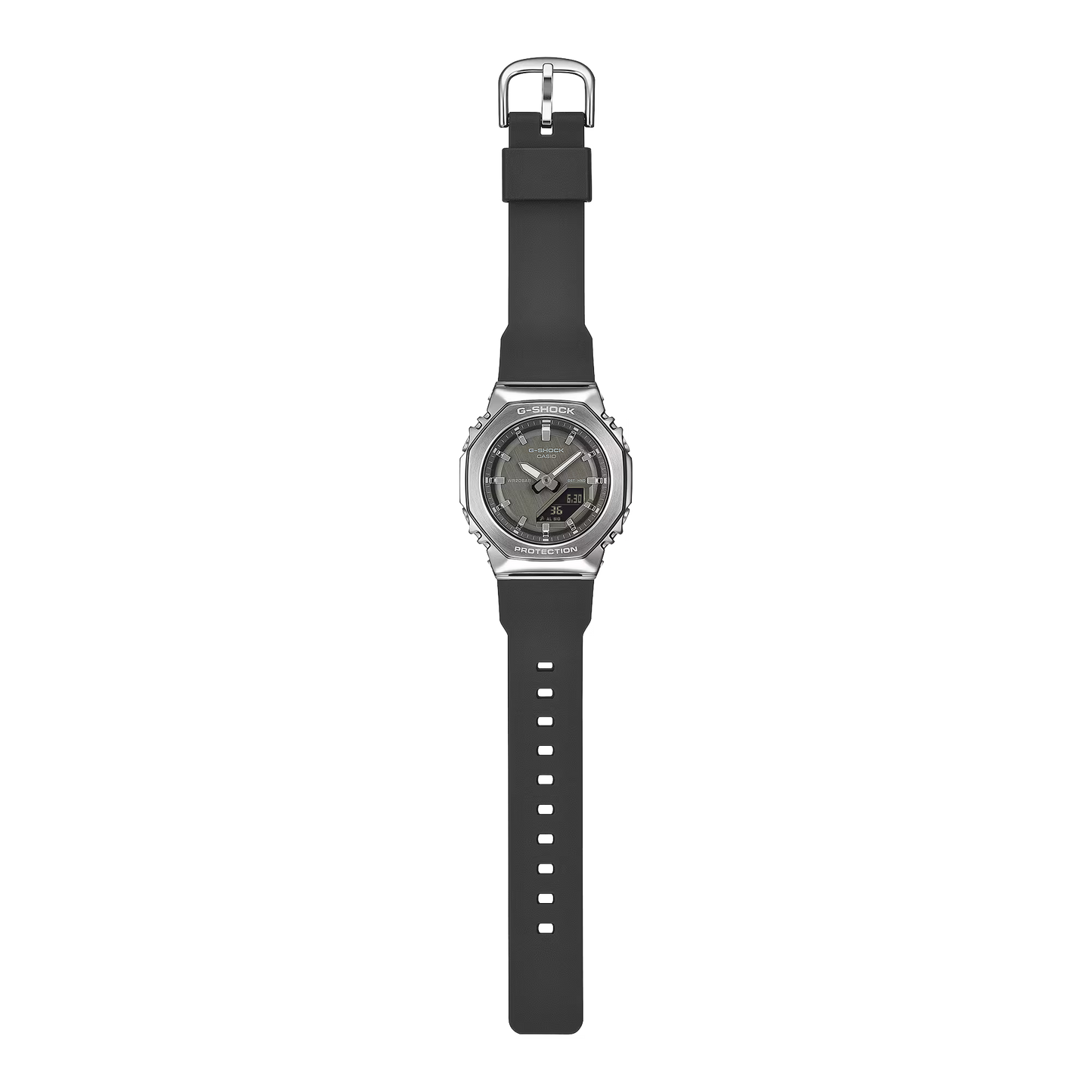 Black watch with a silver case on a white background