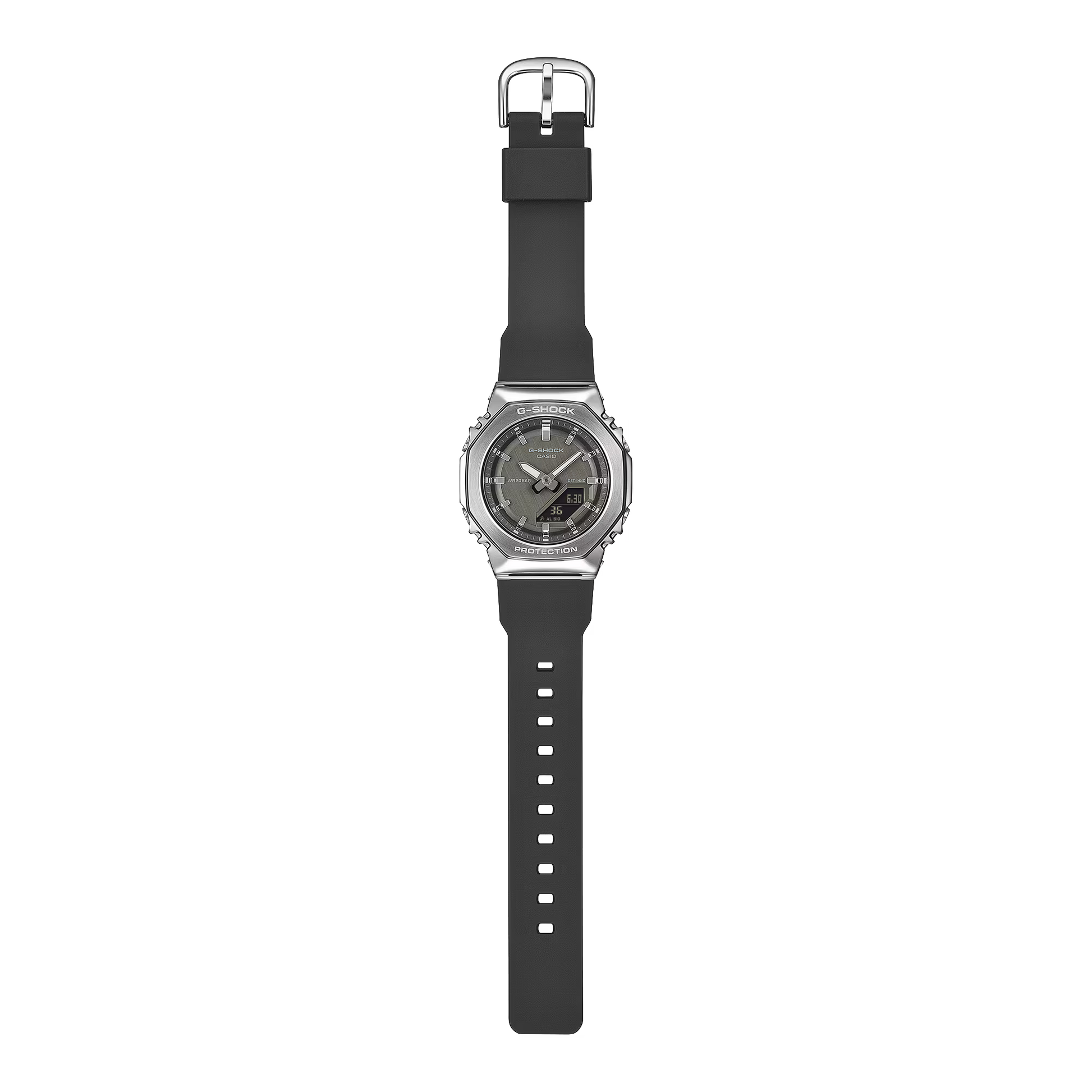 Black watch with a silver case on a white background
