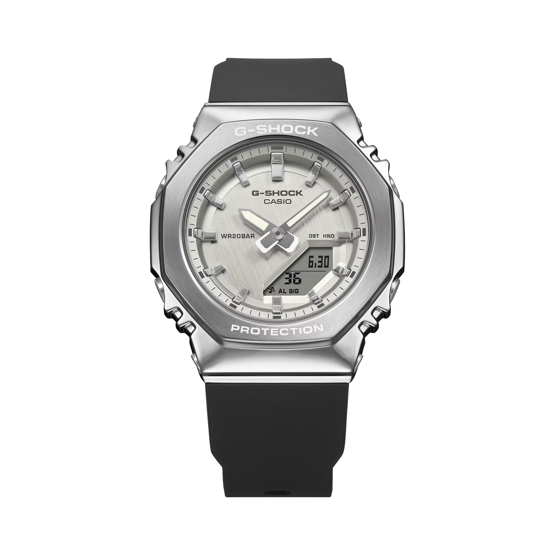 G-Shock watch with black strap and silver case on a white background