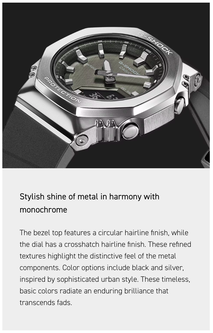 Stylish metal watch with text describing its design and color options.