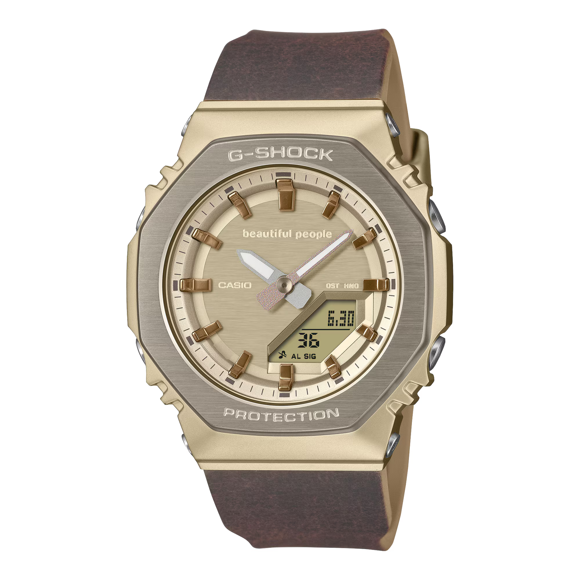 Casio G-SHOCK GMS2110BP-5A women’s analog-digital watch from the beautiful people collaboration, featuring an octagonal 2100 bezel, brown leather-textured bio-based resin band, gold ion-plated bezel, and refined vintage-inspired design.
