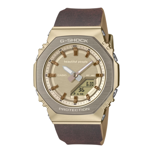 Casio G-SHOCK GMS2110BP-5A women’s analog-digital watch from the beautiful people collaboration, featuring an octagonal 2100 bezel, brown leather-textured bio-based resin band, gold ion-plated bezel, and refined vintage-inspired design.