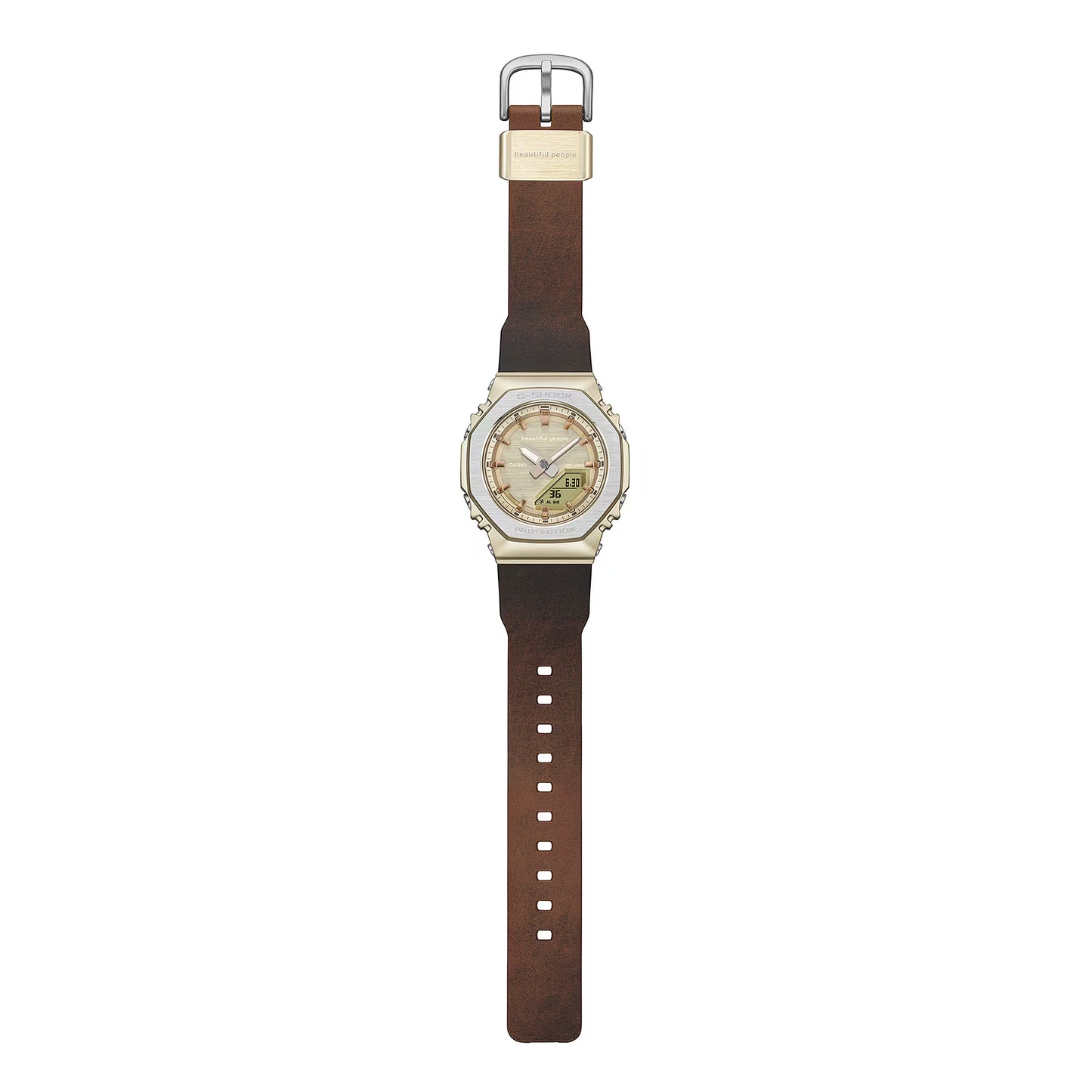 Watch with brown strap and gold case on white background