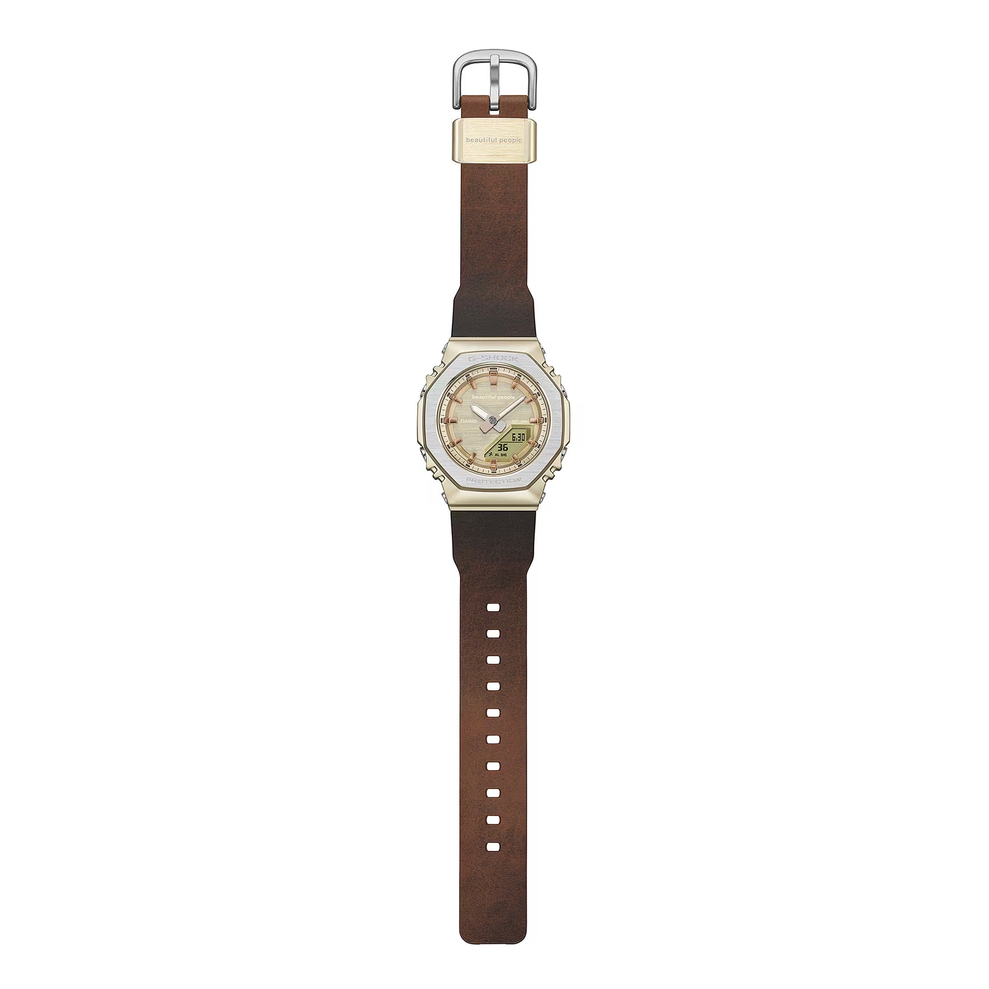 Watch with brown strap and gold case on white background
