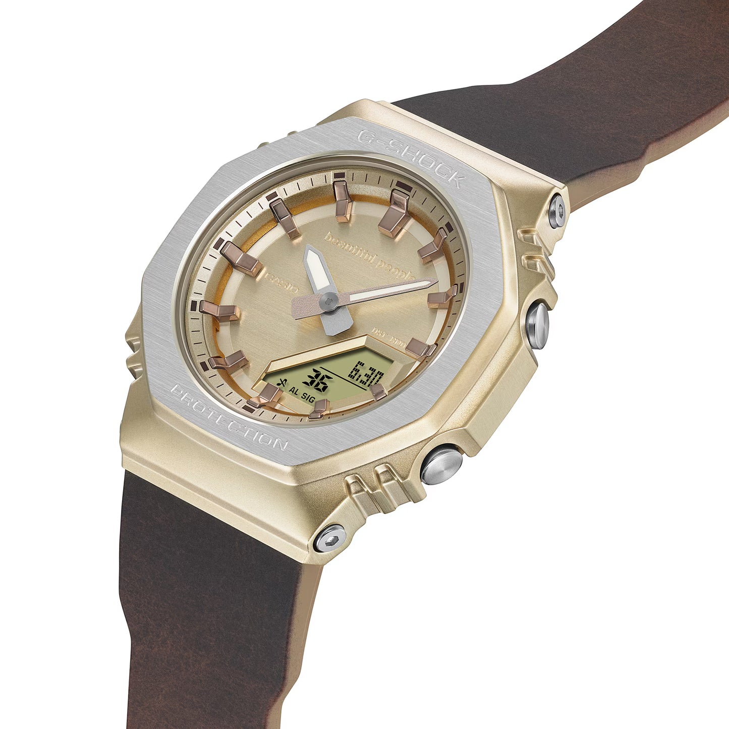 Gold and silver watch with brown strap on a white background