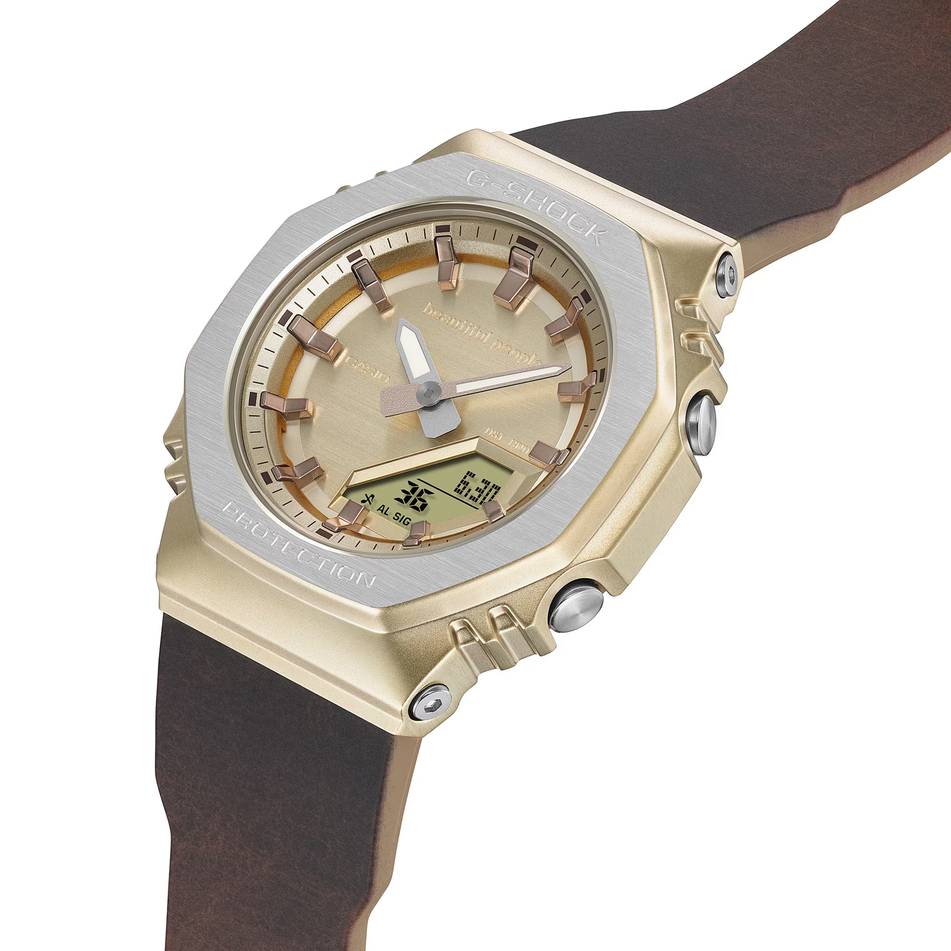 Gold and silver watch with brown strap on a white background