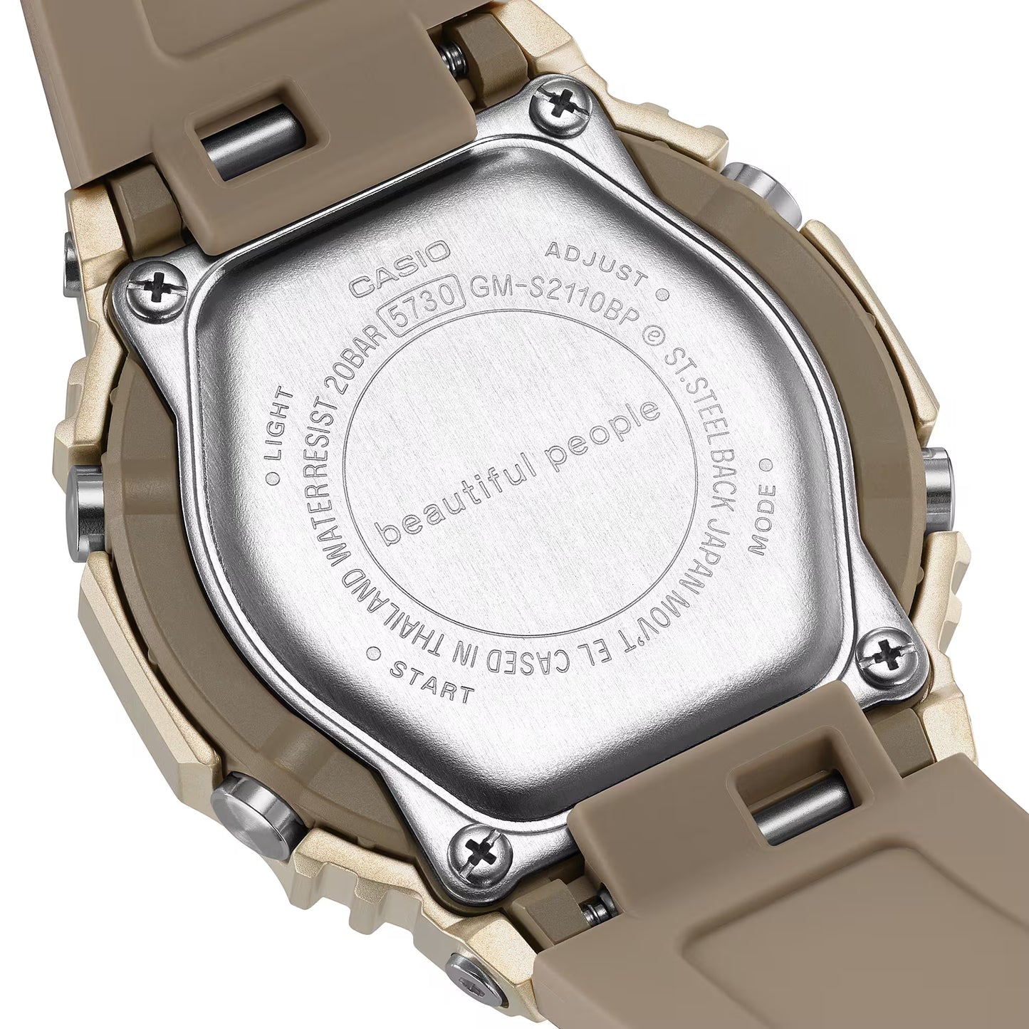 Back view of a Casio watch with 'beautiful people' branding on a white background