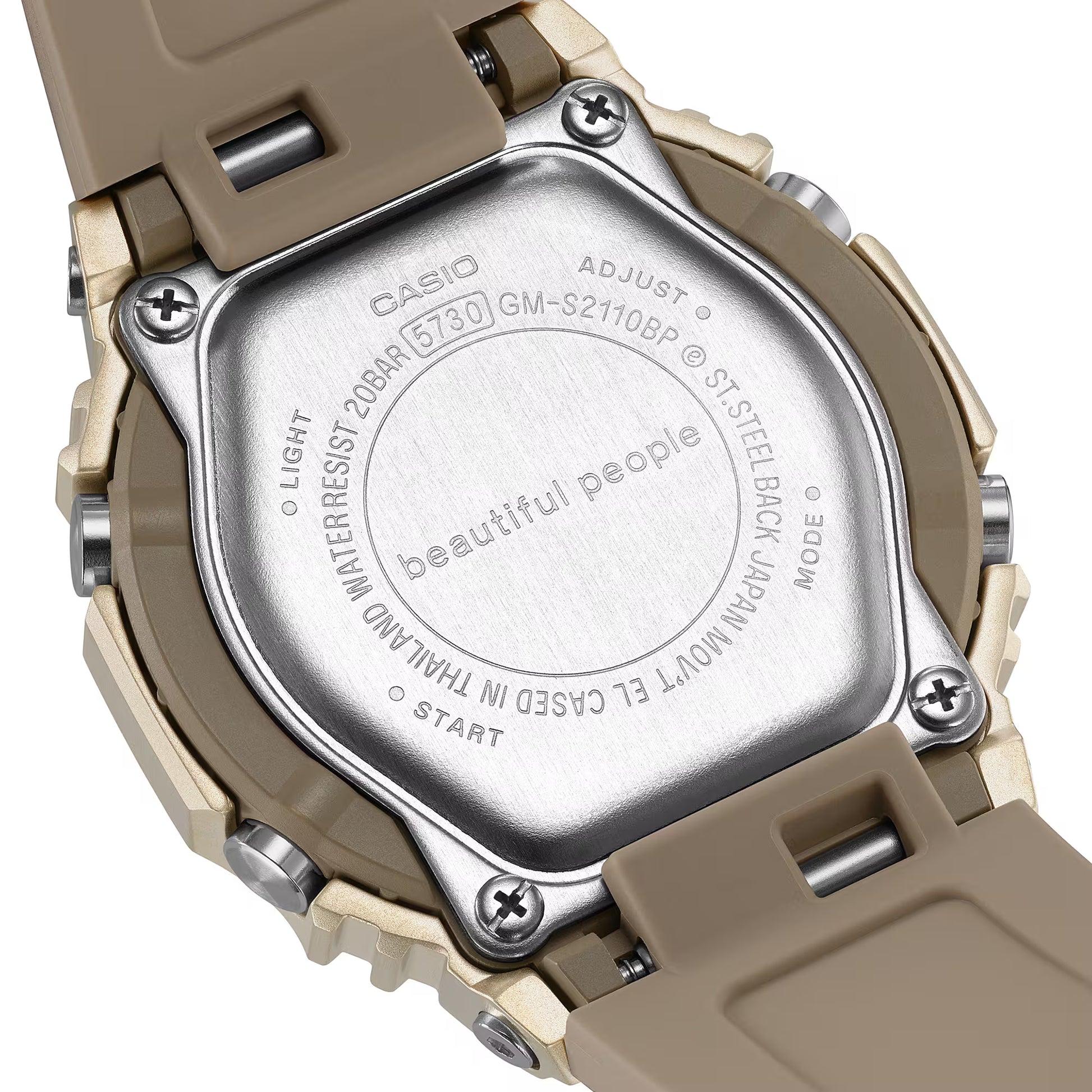 Back view of a Casio watch with 'beautiful people' branding on a white background