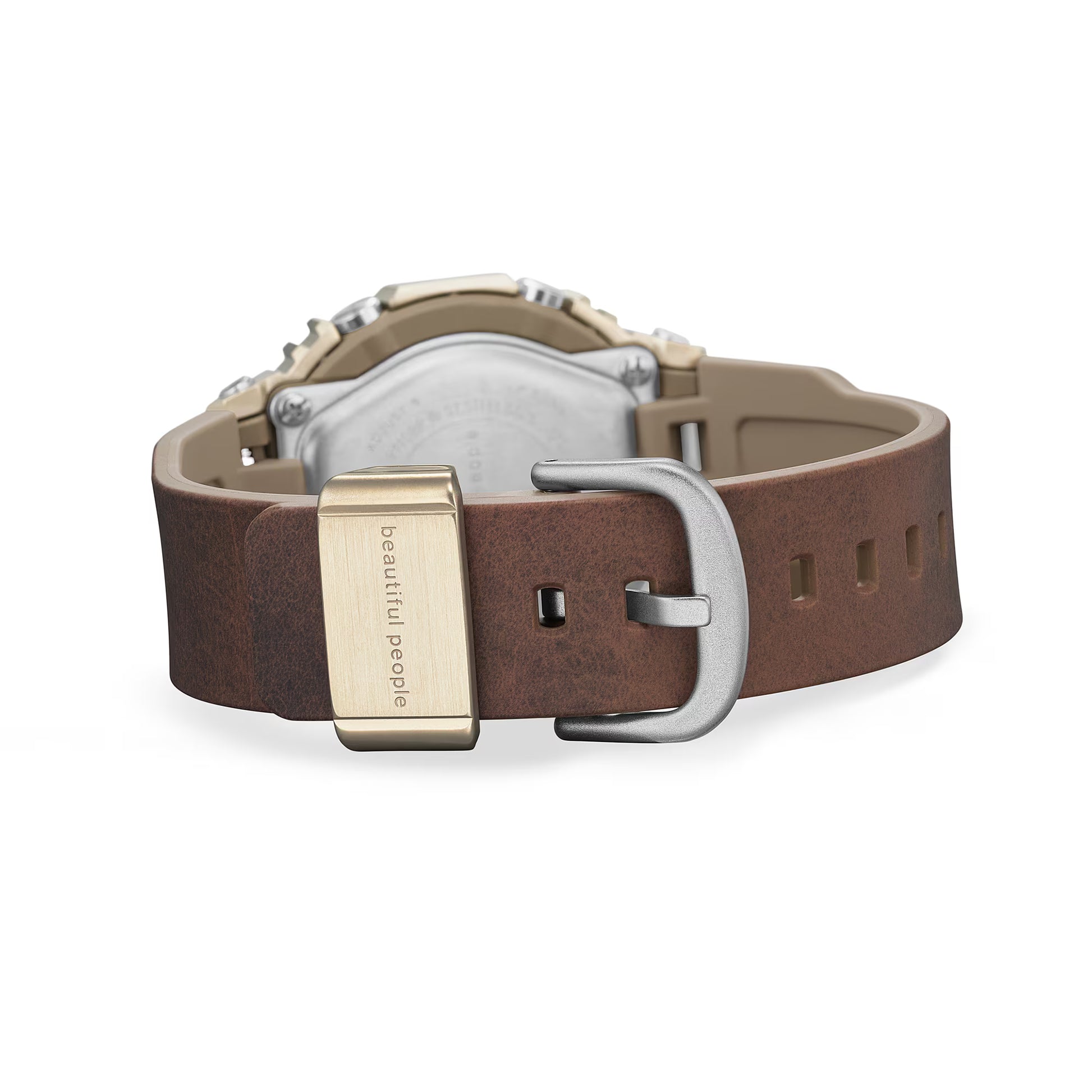 Watch with a brown leather strap and gold buckle on a white background