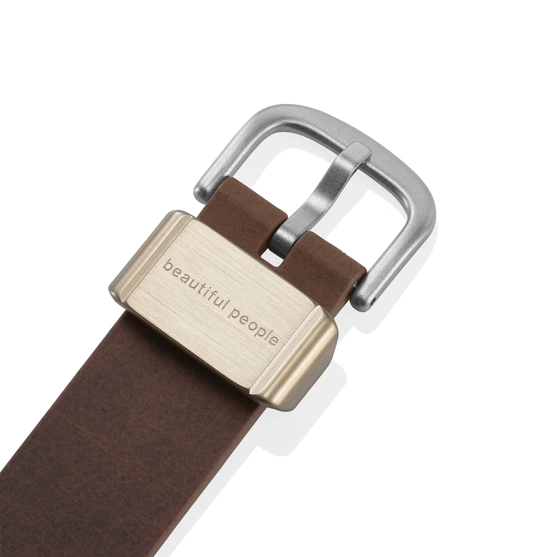 Brown leather belt with a silver and gold buckle on a white background