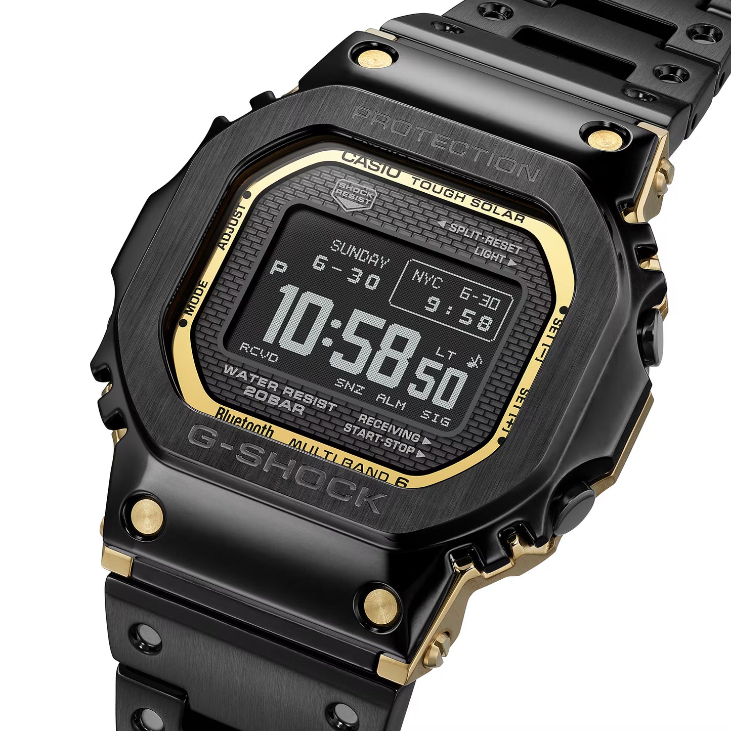 Black and gold Casio G-Shock digital watch on a white background