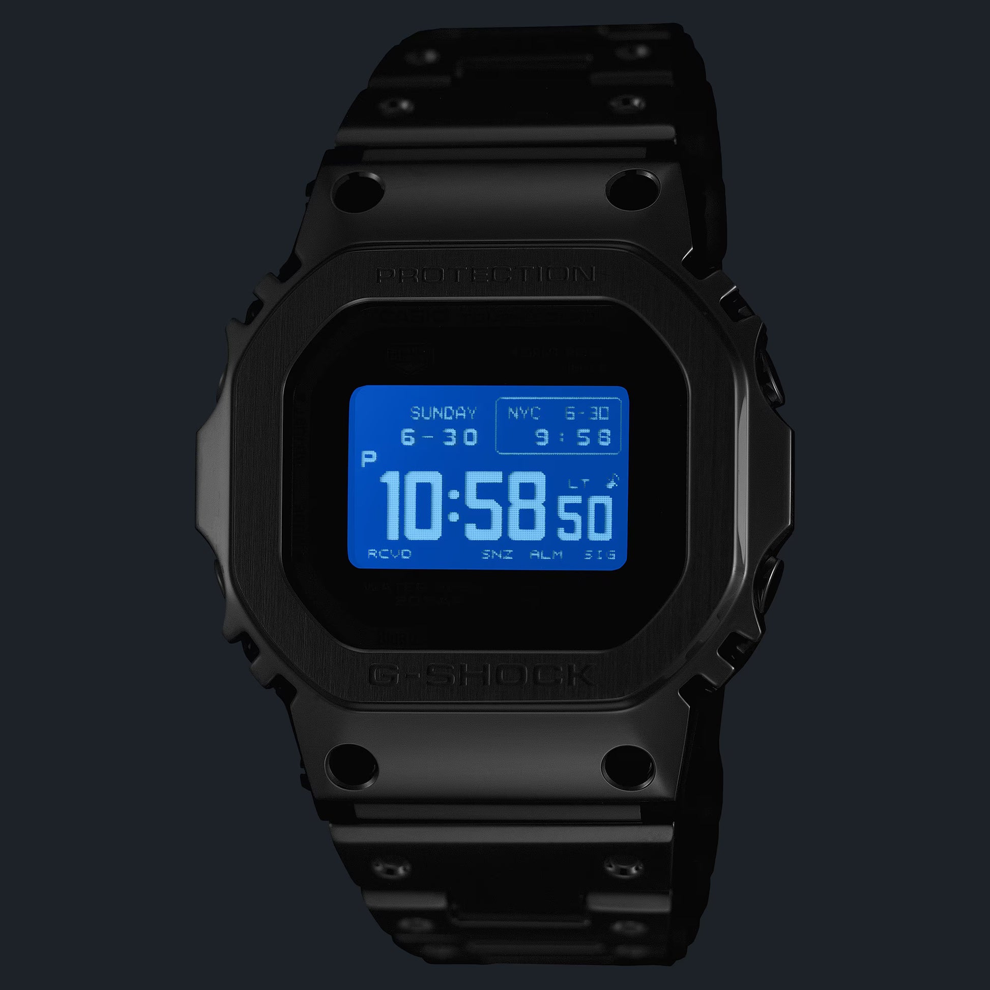Black digital watch with blue screen on a black background